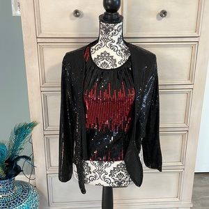 Women’s sequined black evening, crop jacket with sequined tank,